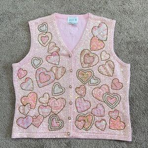 Vest, pink, Sequins, hearts size XL. By Just B. Pink. Faux buttons on outside